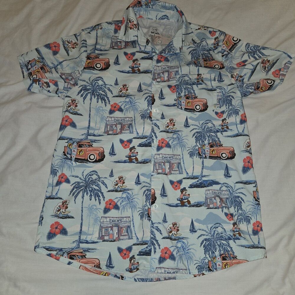 Buc-ee's Hawaiian Shirt Mens Small Blue Surf Floral Car Sail Button Up